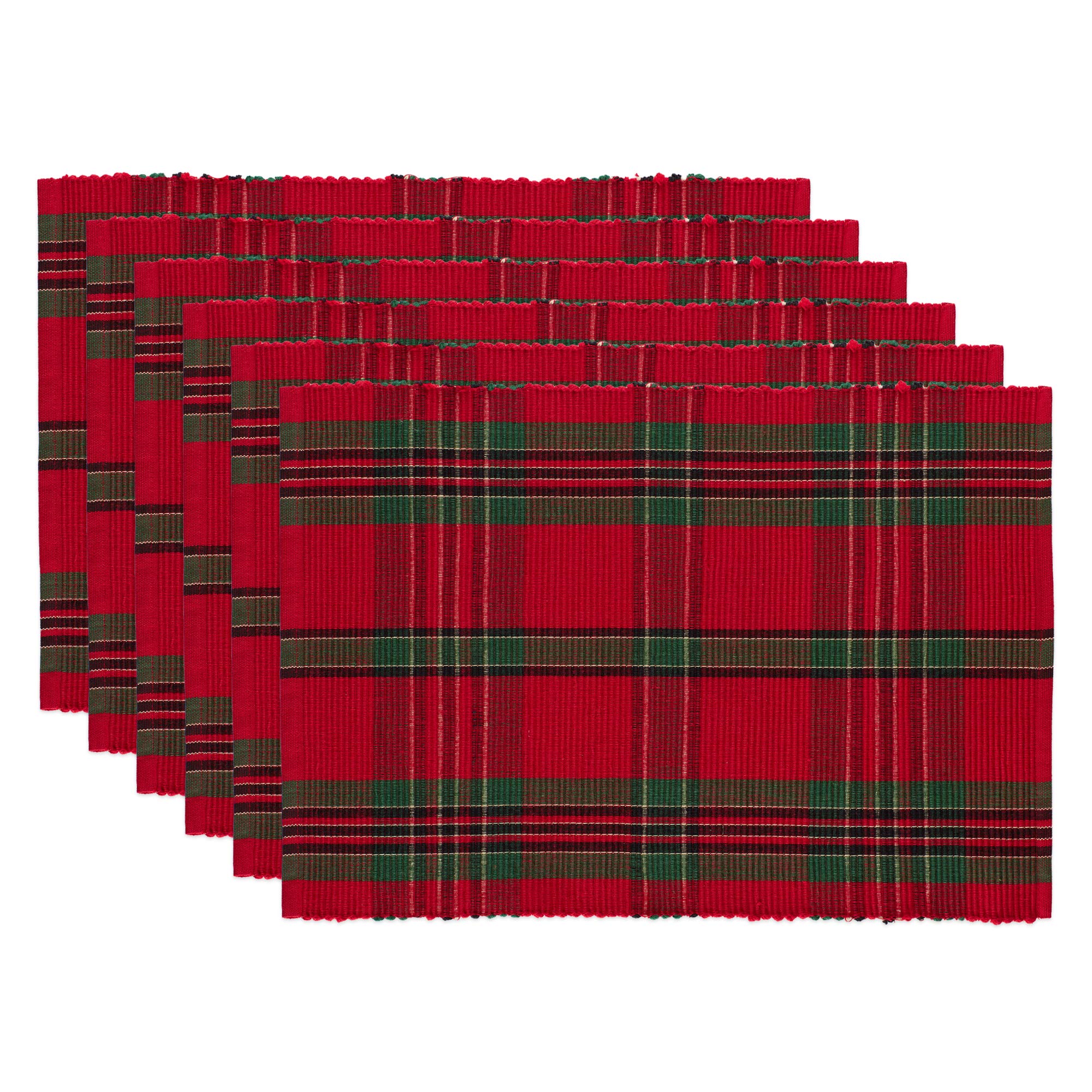 Six DII Holiday Plaid red-and-green rectangular placemats fanned on a white background