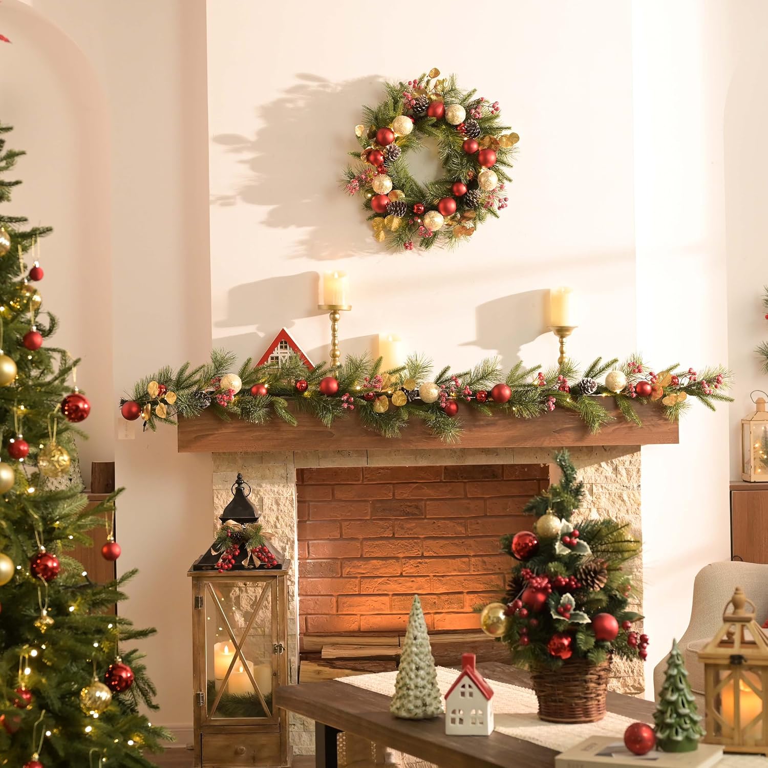Wreath above a styled fireplace with additional decorations