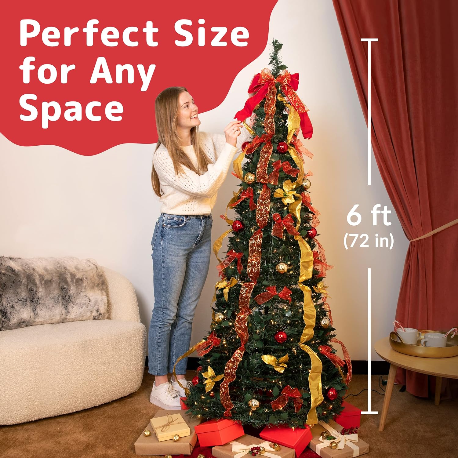 PREXTEX six-foot tree shown beside a sofa