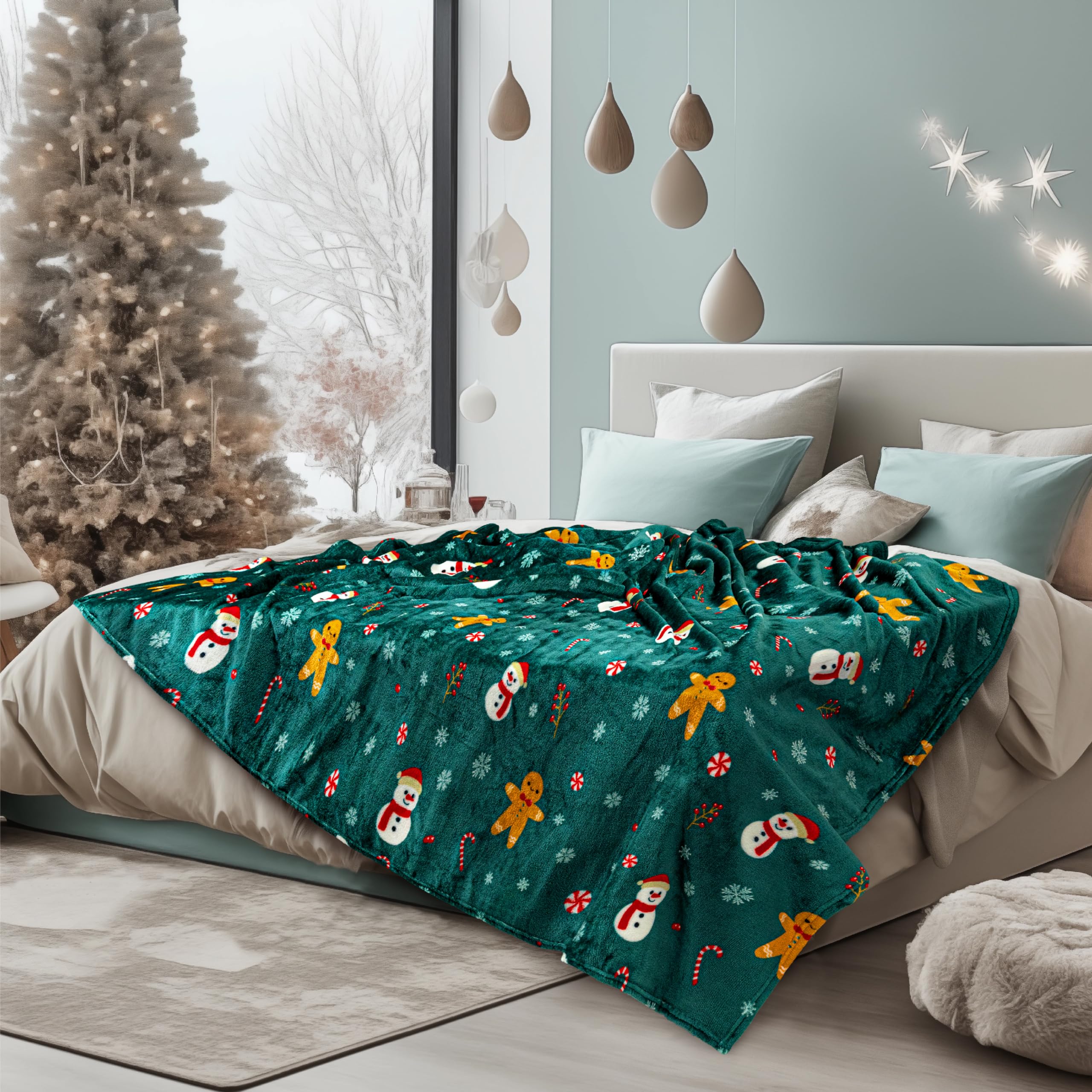 Green gingerbread throw styled over a bed