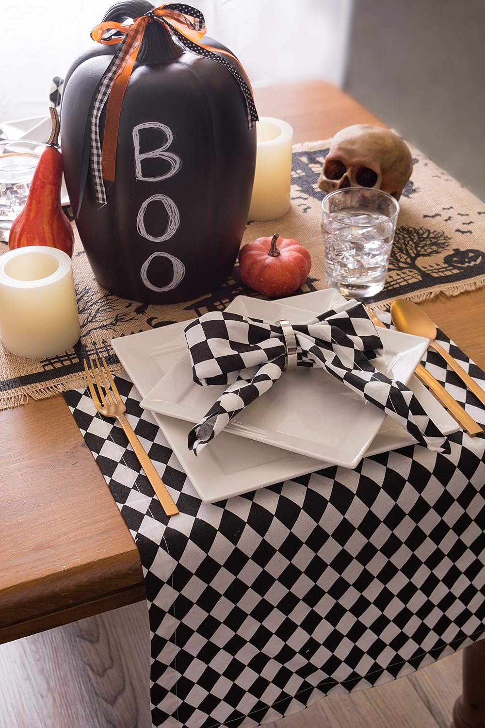 Listing styling scene with harlequin textiles and dining props