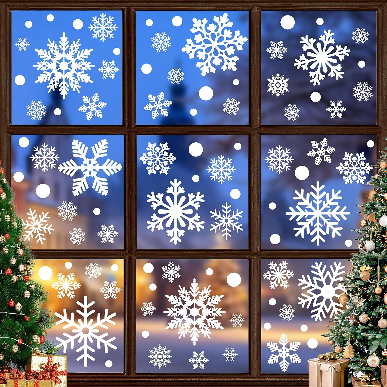 Traplace white snowflake clings shown across window panes