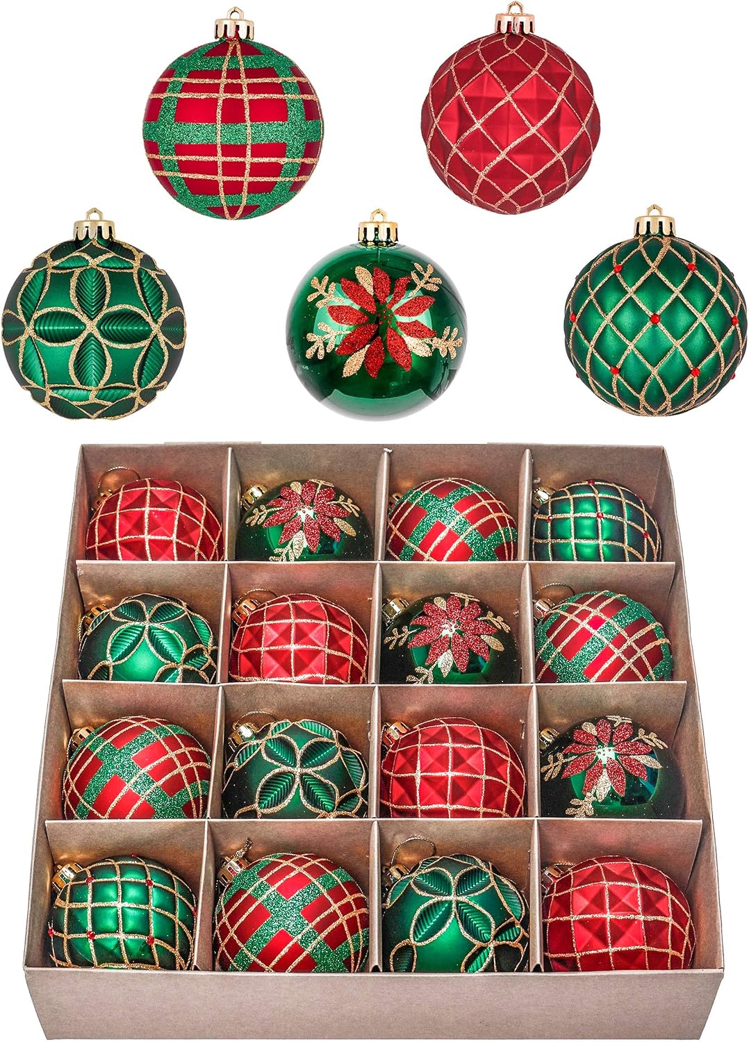Valery Madelyn sixteen red green and gold ornaments with packaging