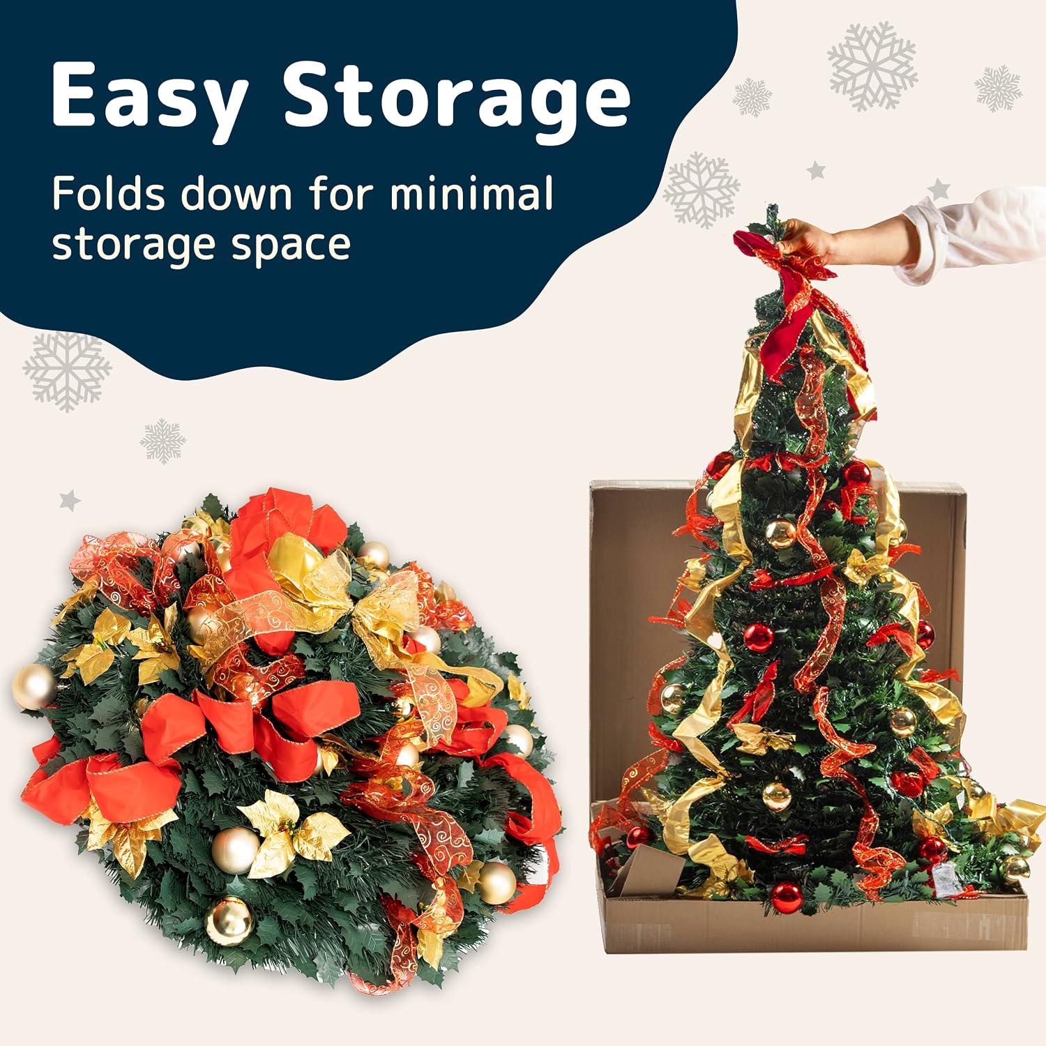 PREXTEX collapsed wreath-shaped tree beside an upright display