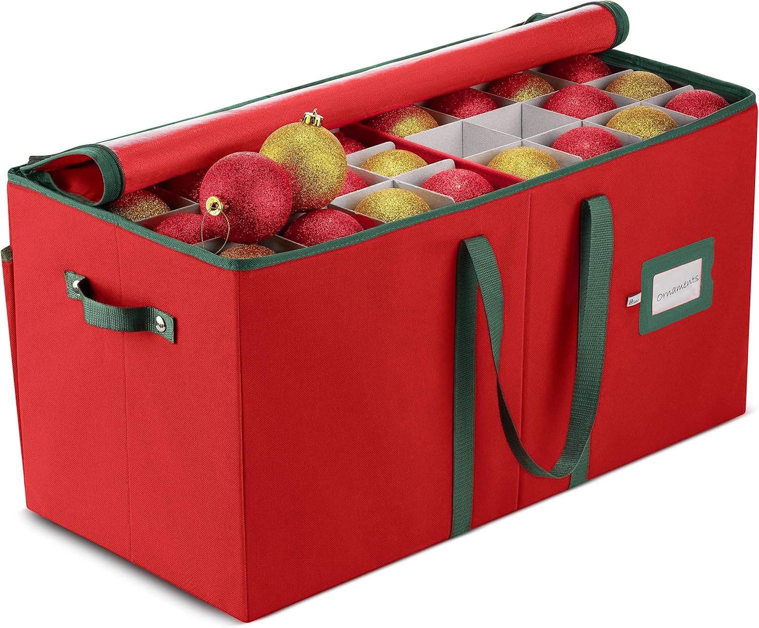 Open red ZOBER ornament organizer with cardboard dividers
