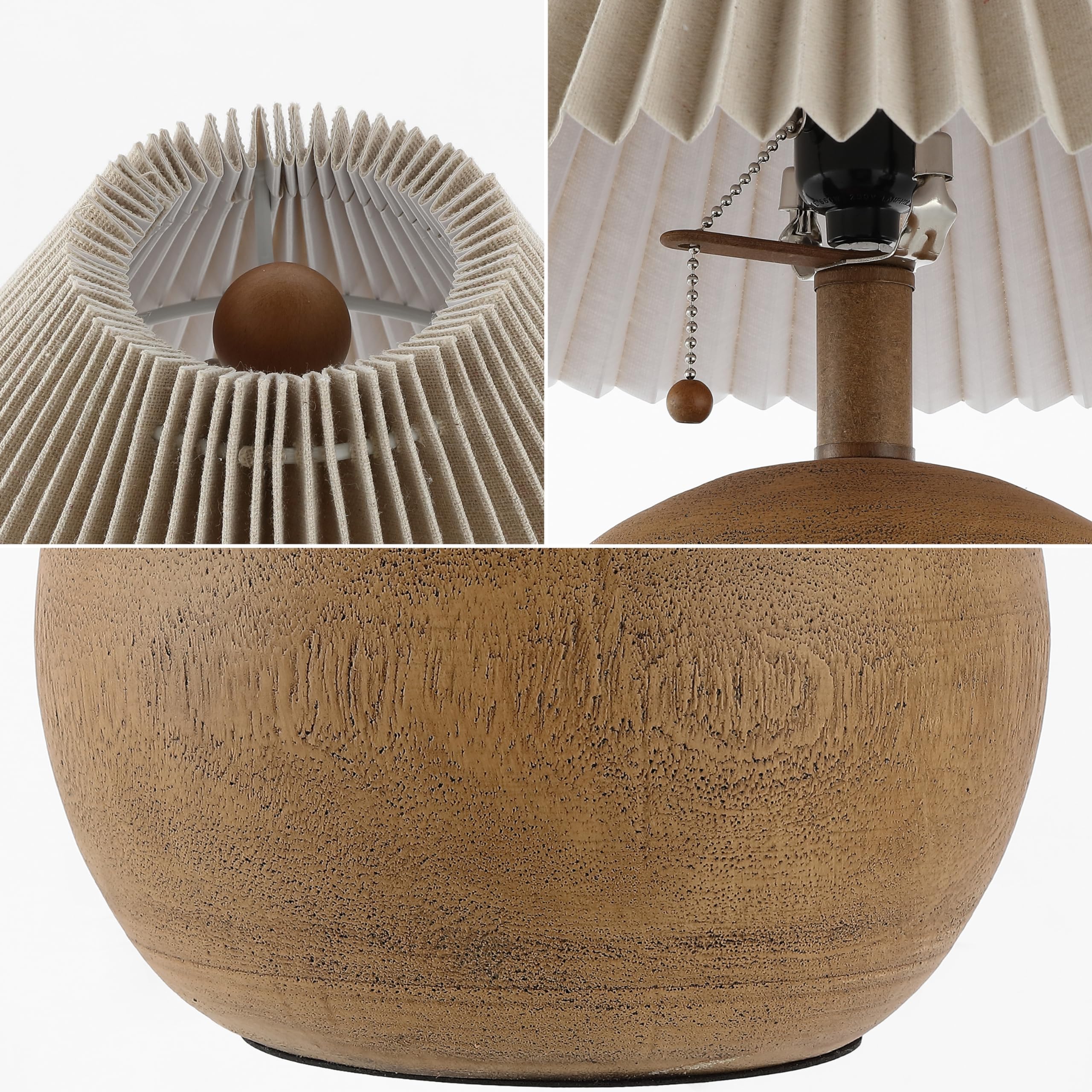 Close views of the pleated shade, pull chain, and wood-look resin base
