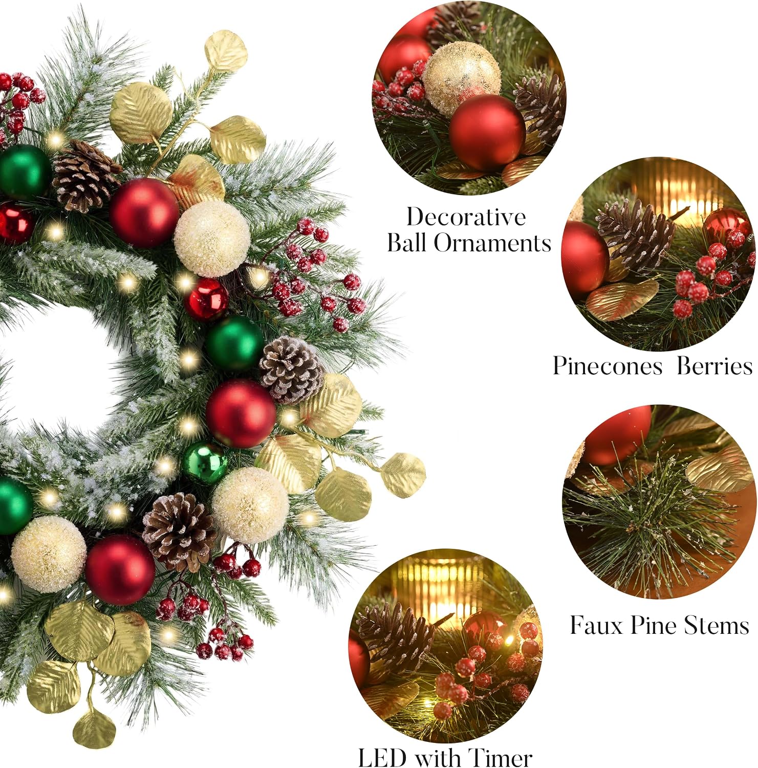 Close-up illustration of faux branches, ornaments, and lights
