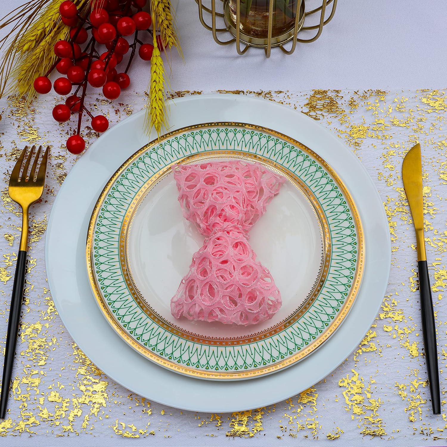 Gold mesh beneath a patterned place setting