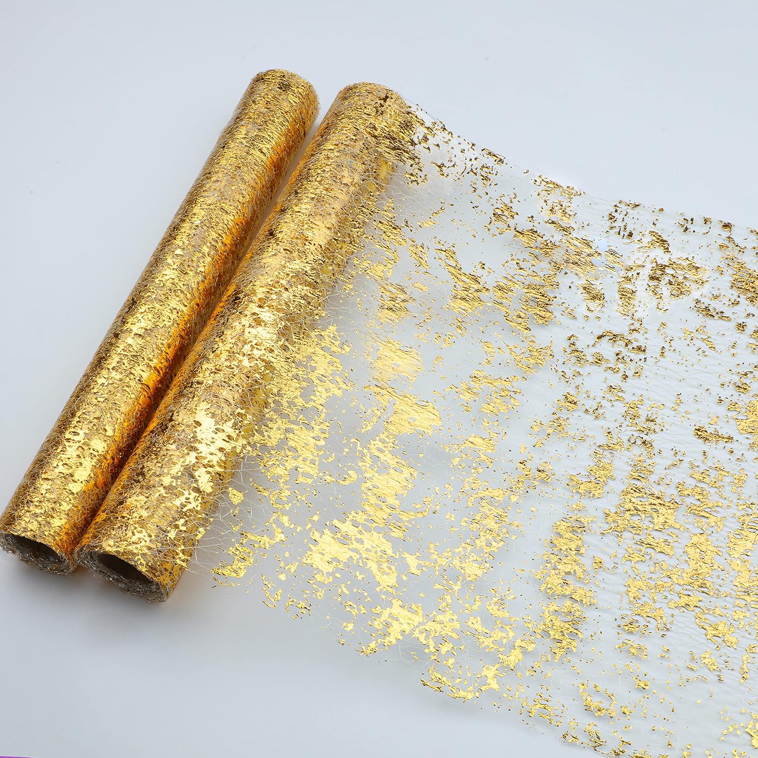 Two Snowkingdom metallic gold mesh runner rolls