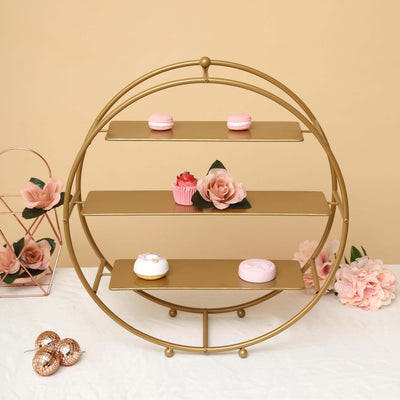 Front view of a gold wheel stand in a styled floral display