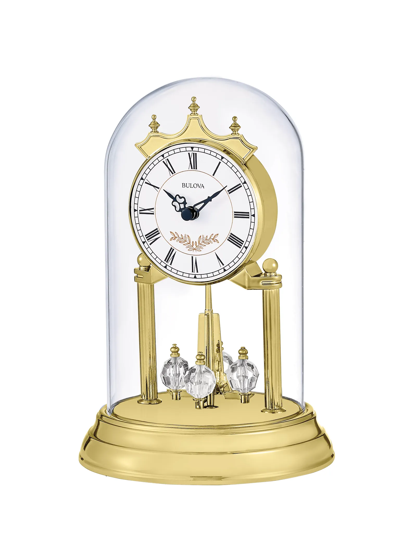 Bulova Heather B8821 clock in an angled view under its clear glass dome