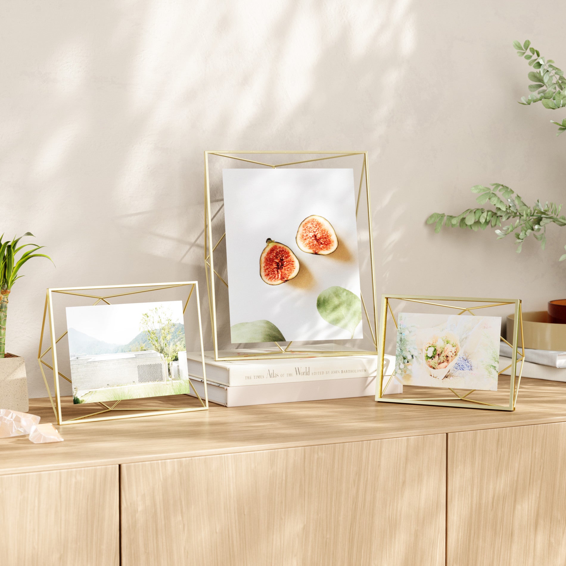 Several sizes of Matte-Brass Prisma frames arranged on a cabinet
