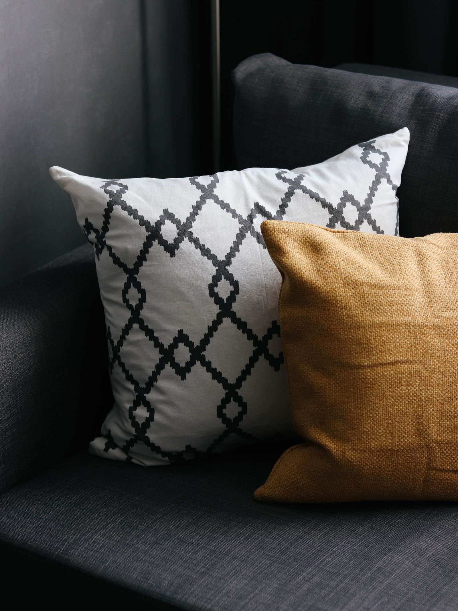 Patterned throw cushions on a dark sofa