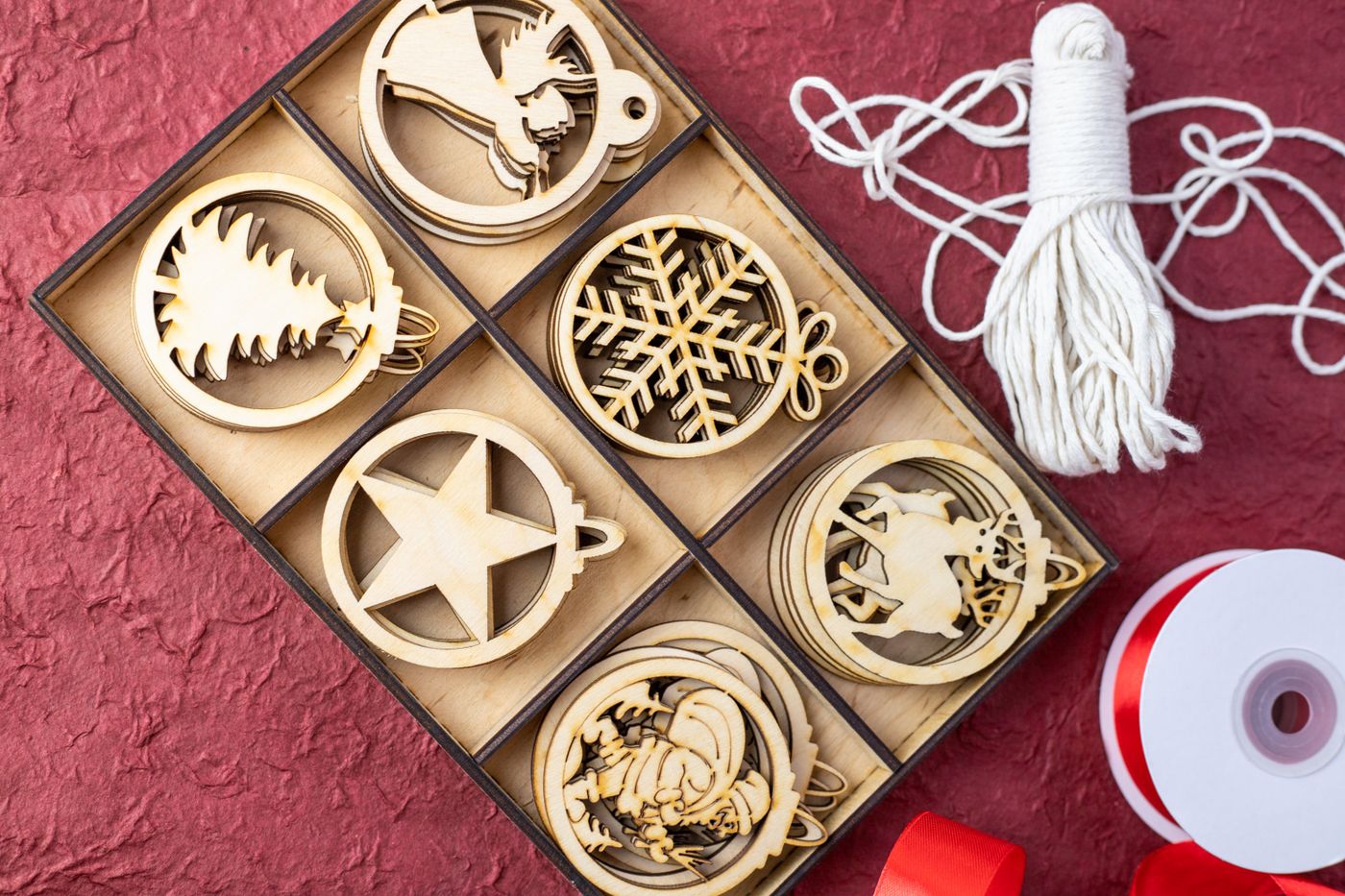 Wooden ornaments separated by cardboard dividers