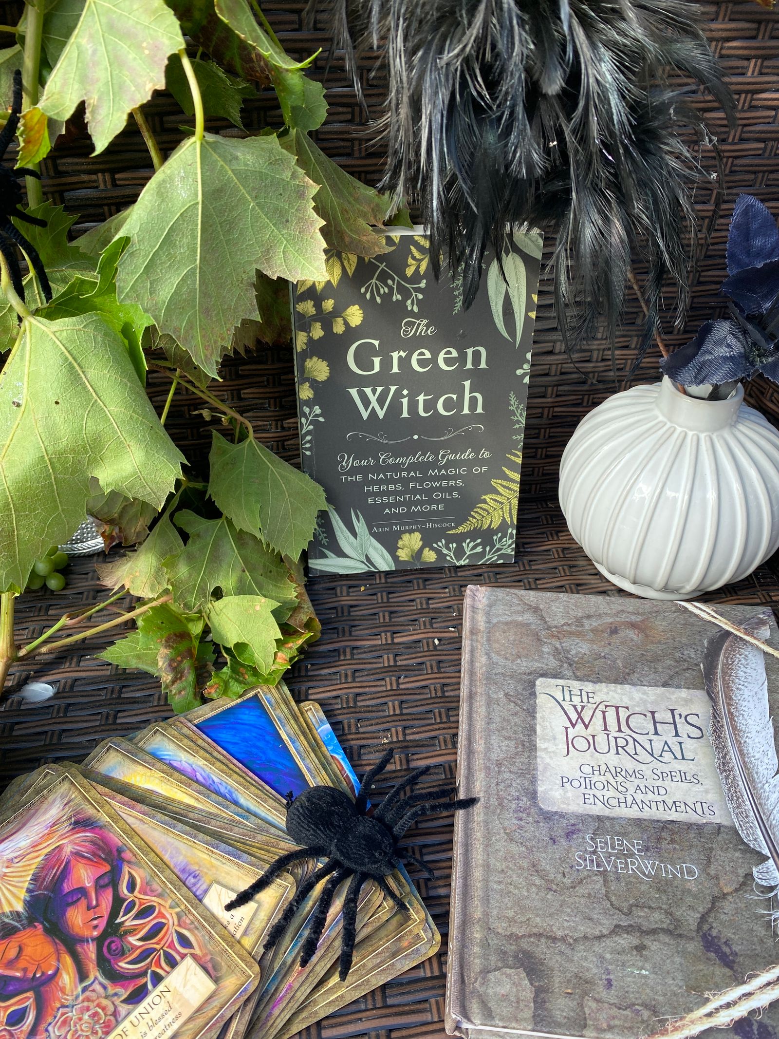 Witch-themed books, cards, and Halloween objects