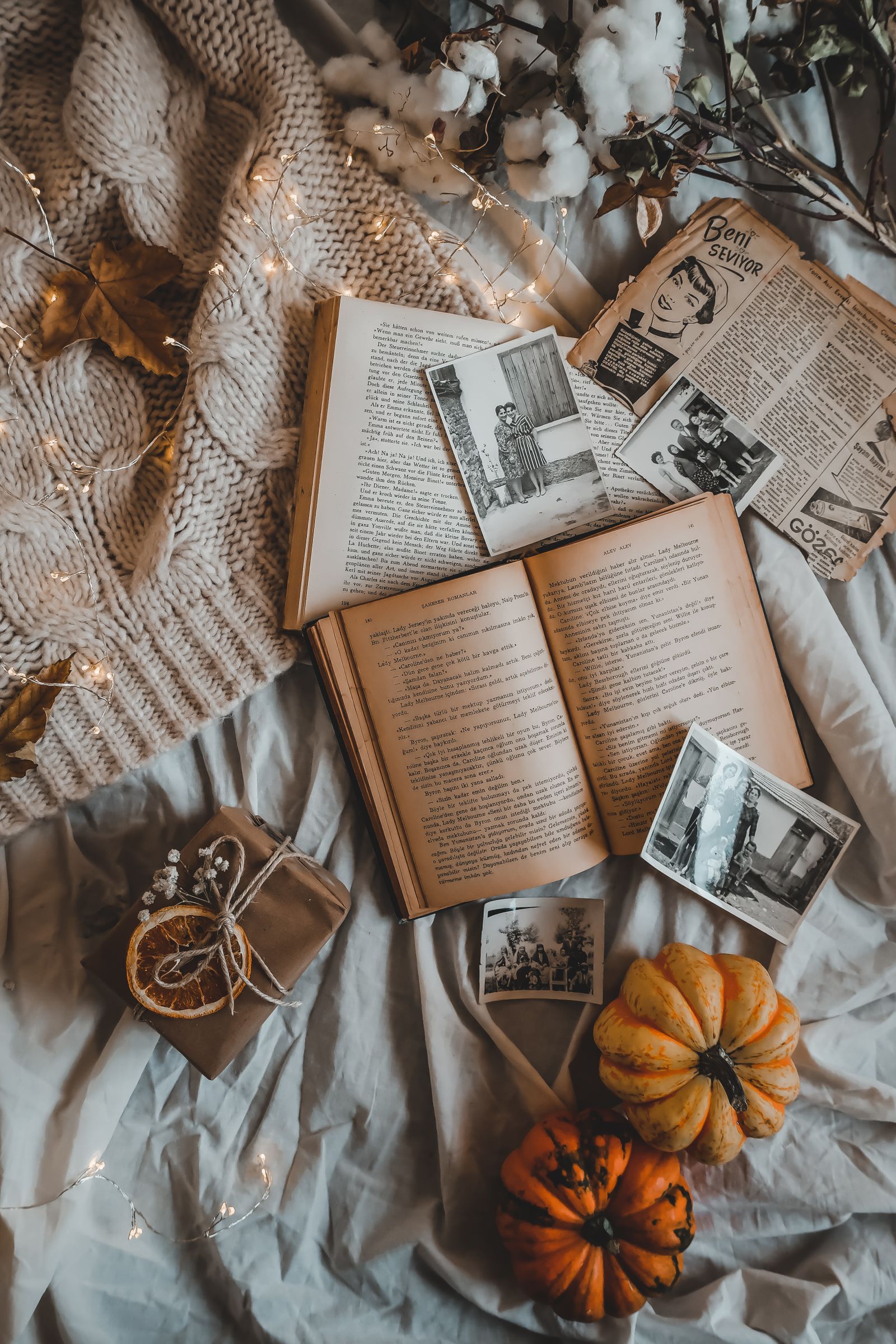 Books, small pumpkins, and photographs arranged flat