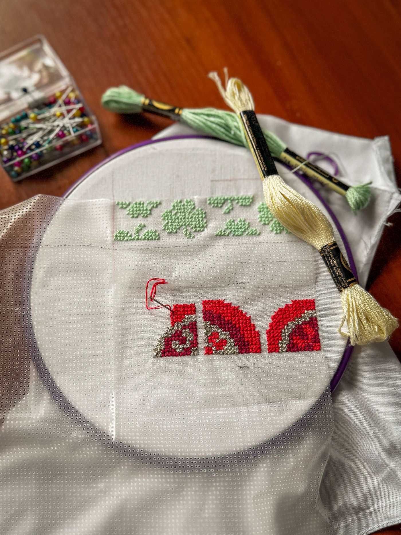 Embroidery hoop with skeins kept beside the project