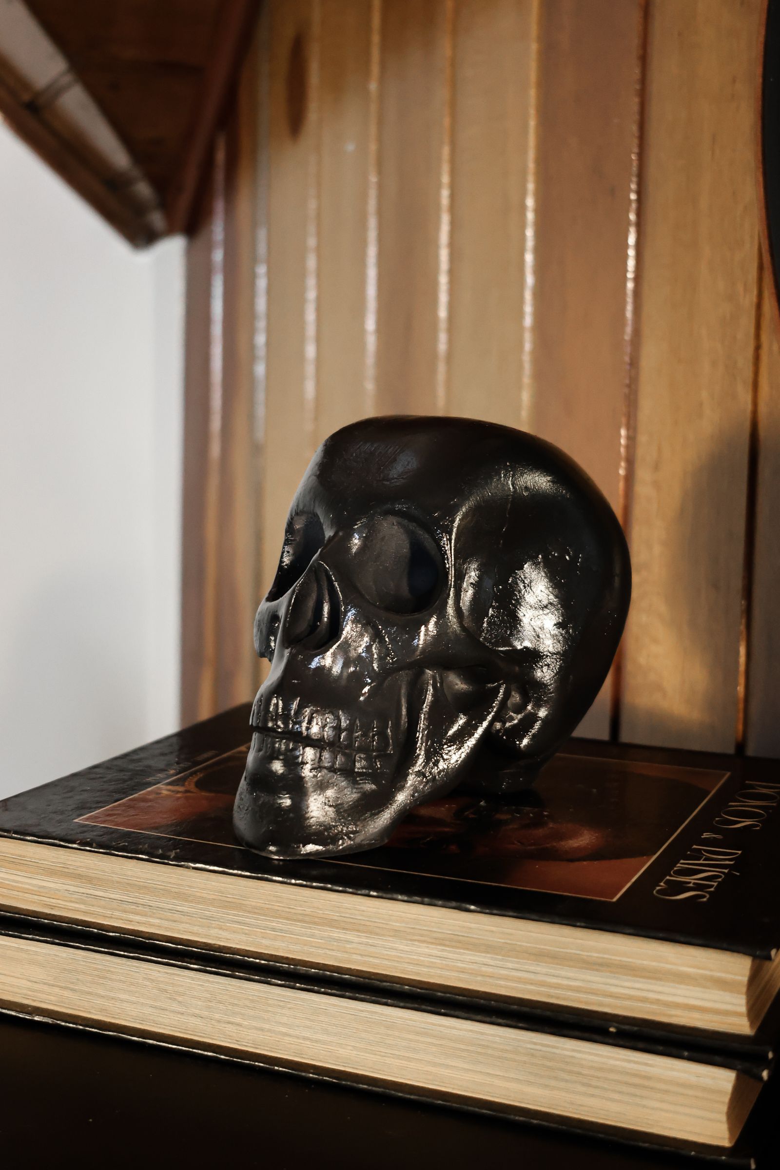 Black skull sculpture beside a stack of books
