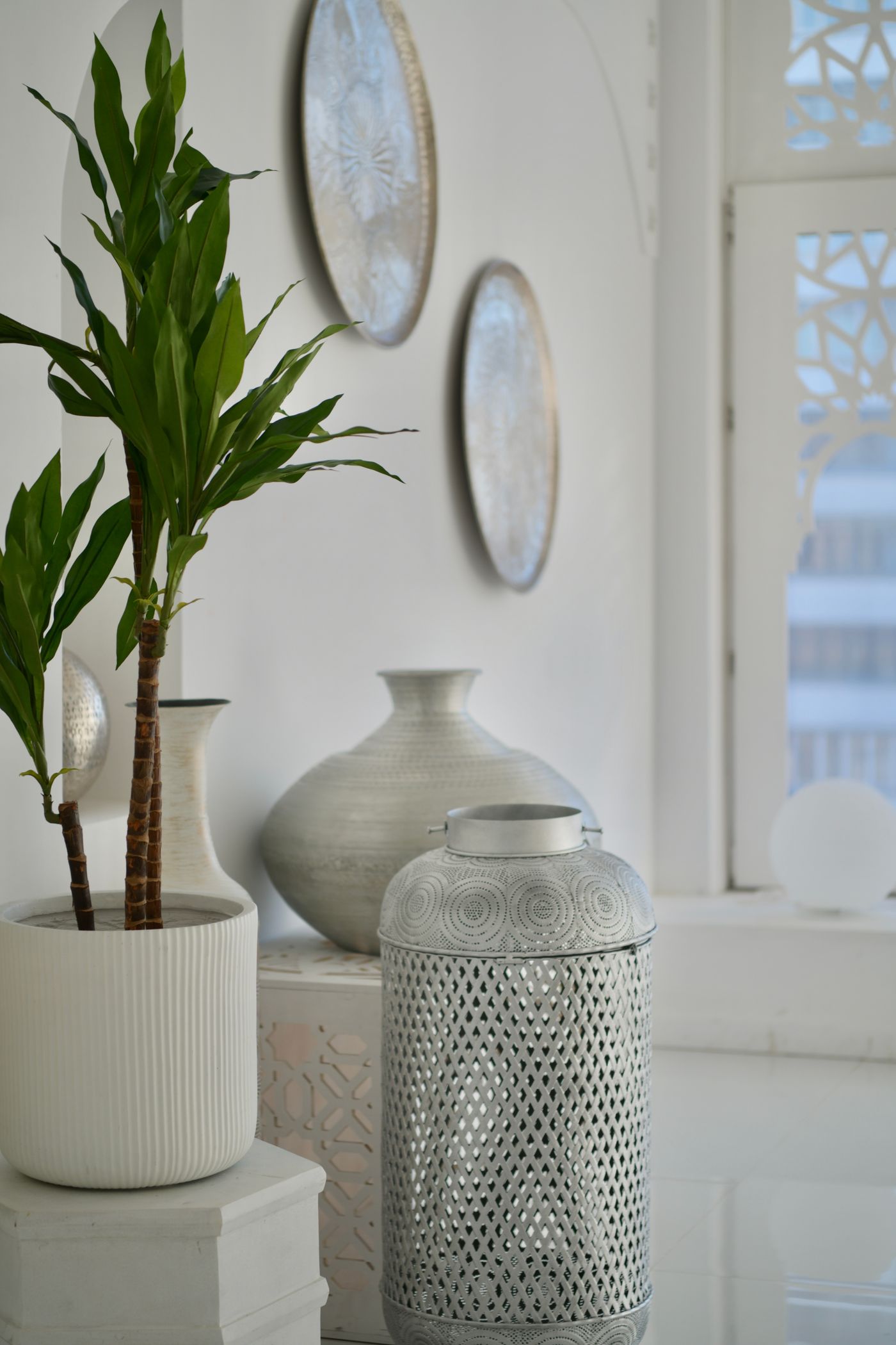 Floor-level grouping of large pale vessels and a plant