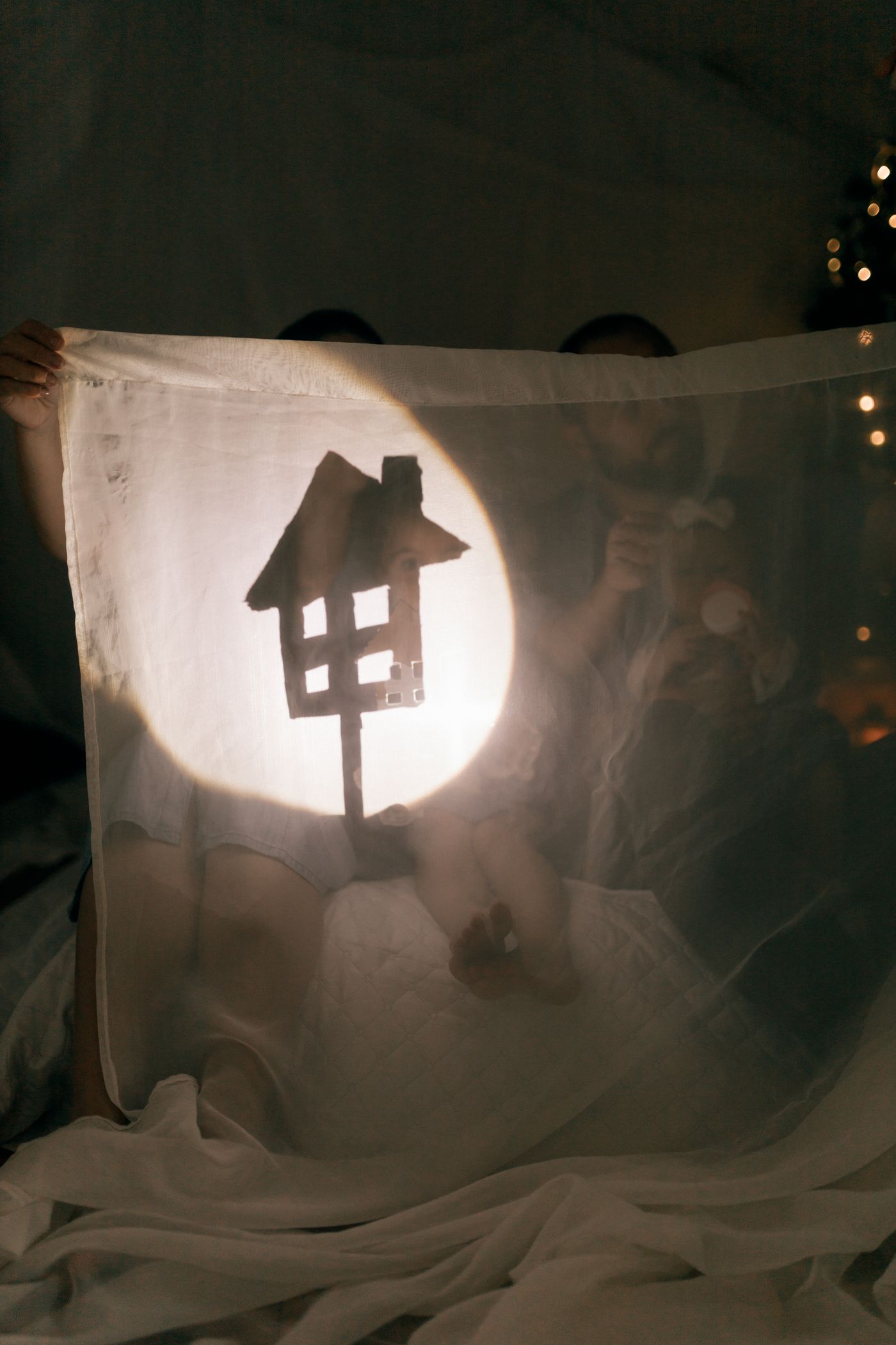 Paper silhouettes projected onto a household fabric screen