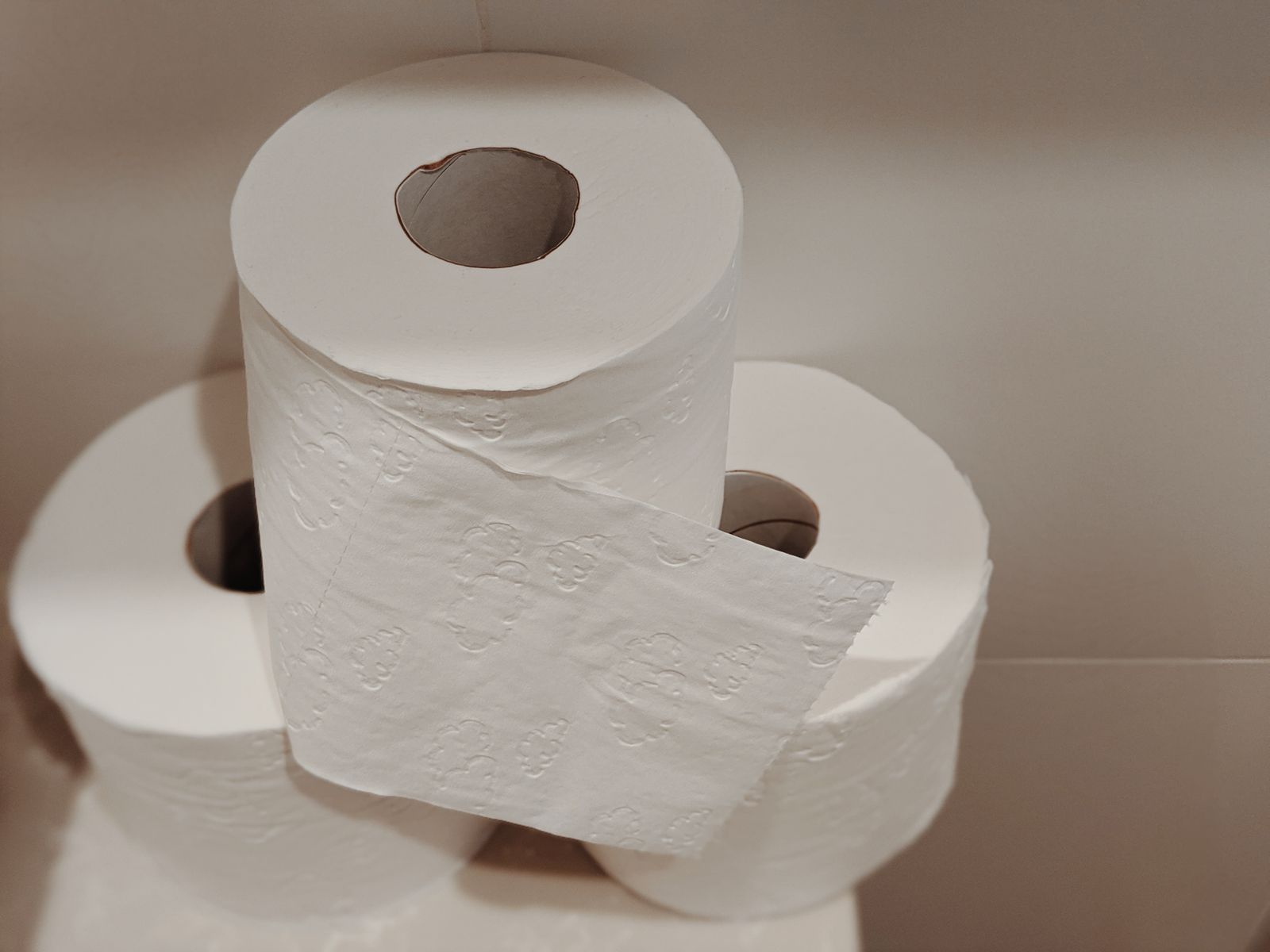 A small stack of white toilet-paper rolls