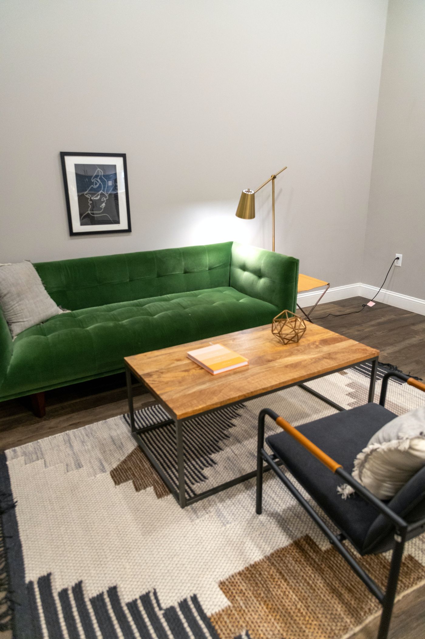 A compact room with a sofa, chair, and open foreground