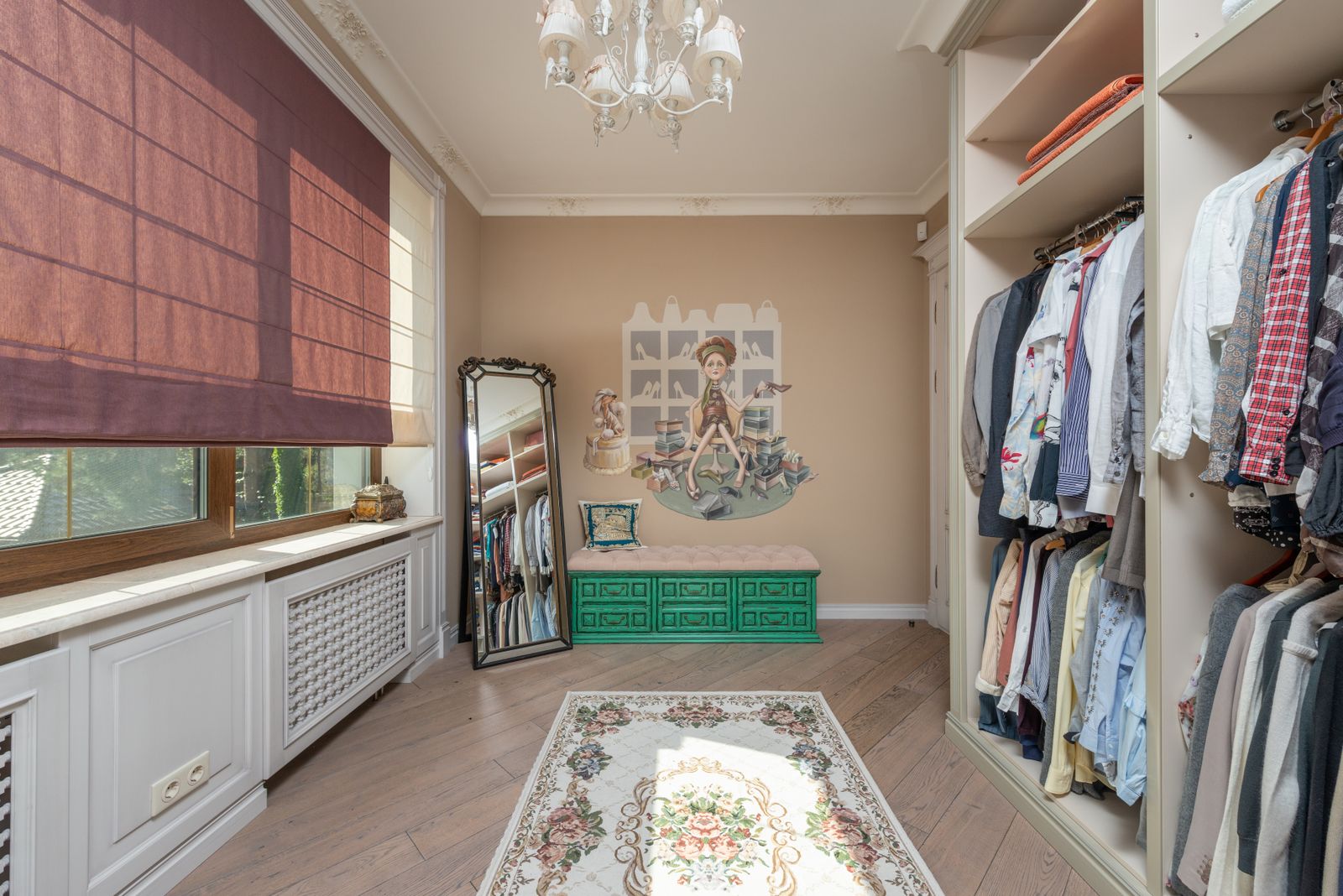 Clothing shelves and hanging garments in a dressing room