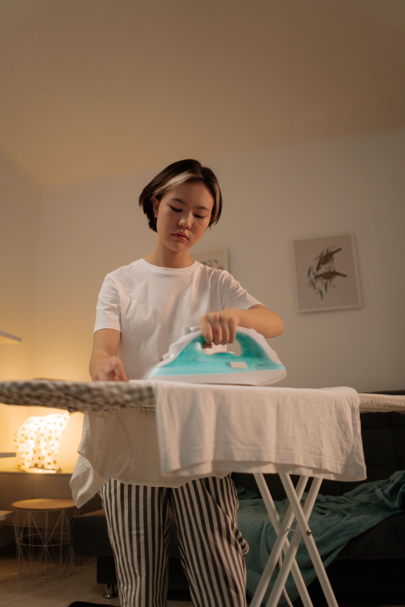 Ironing setup in a compact domestic room