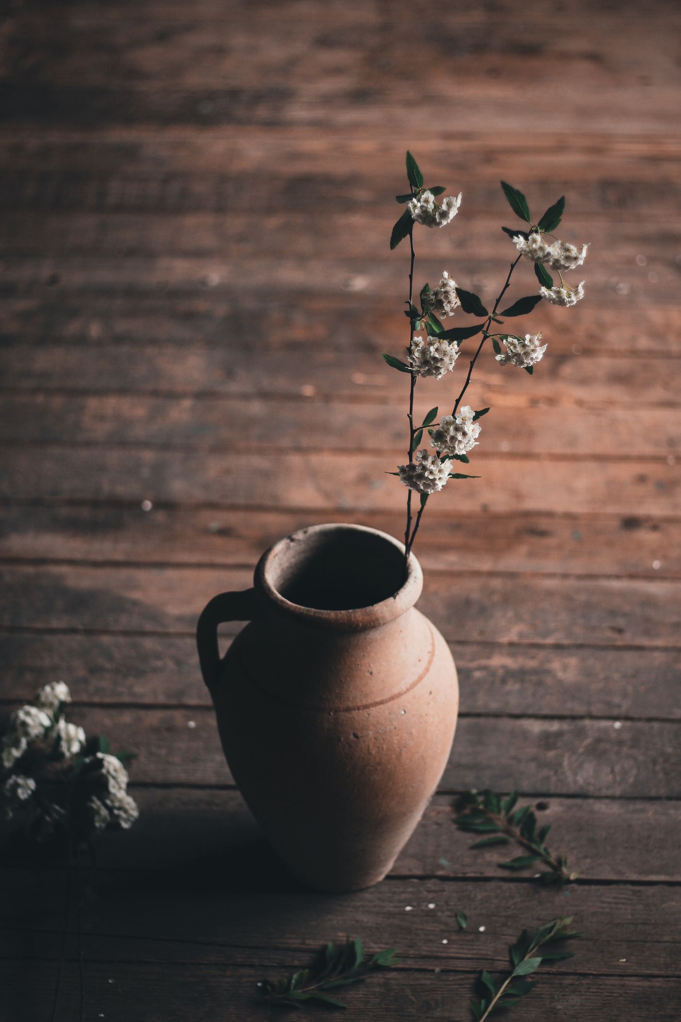 Small clay vase with a branch on a wood surface
