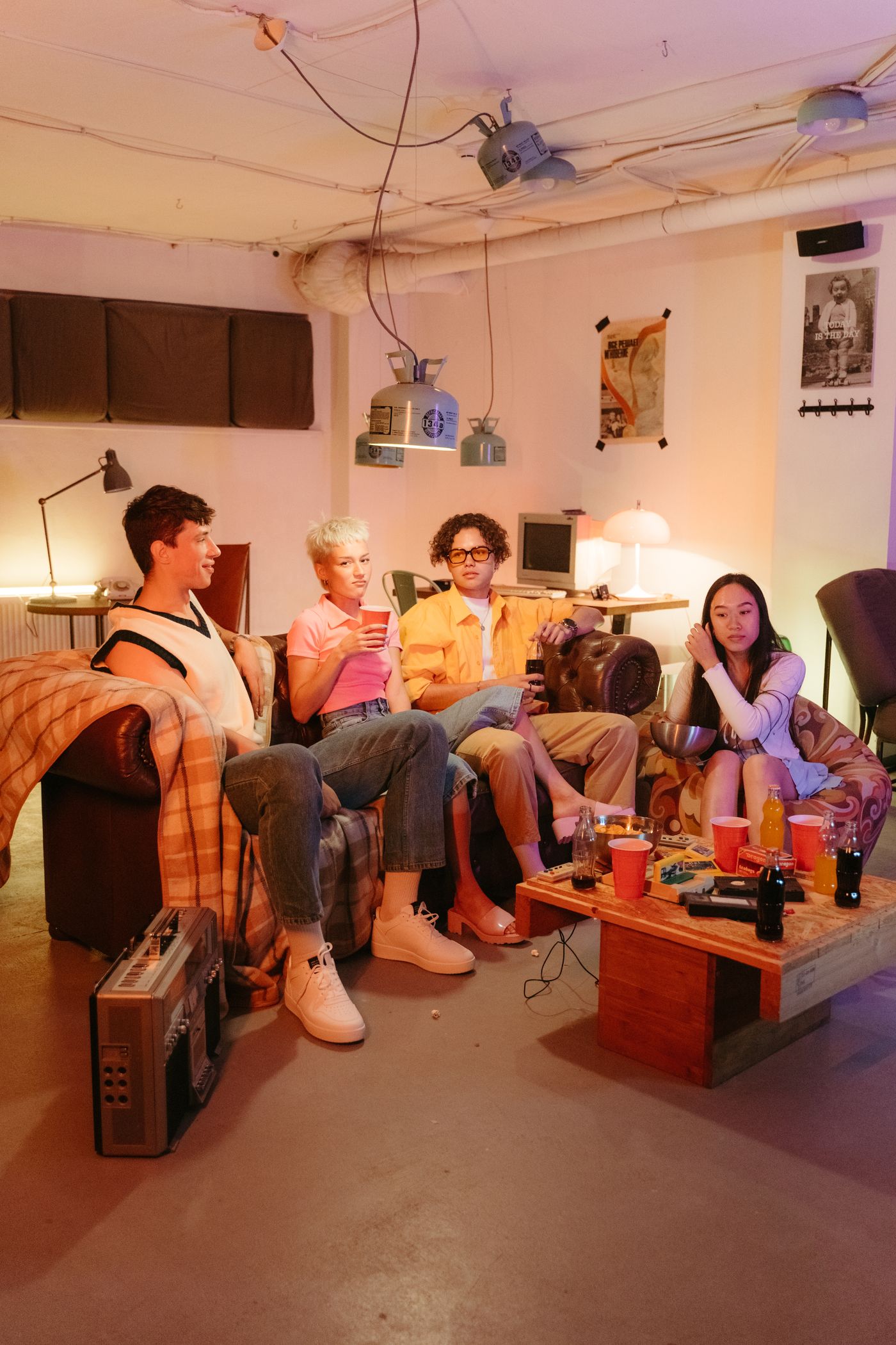 Evening gathering with friends on a sofa