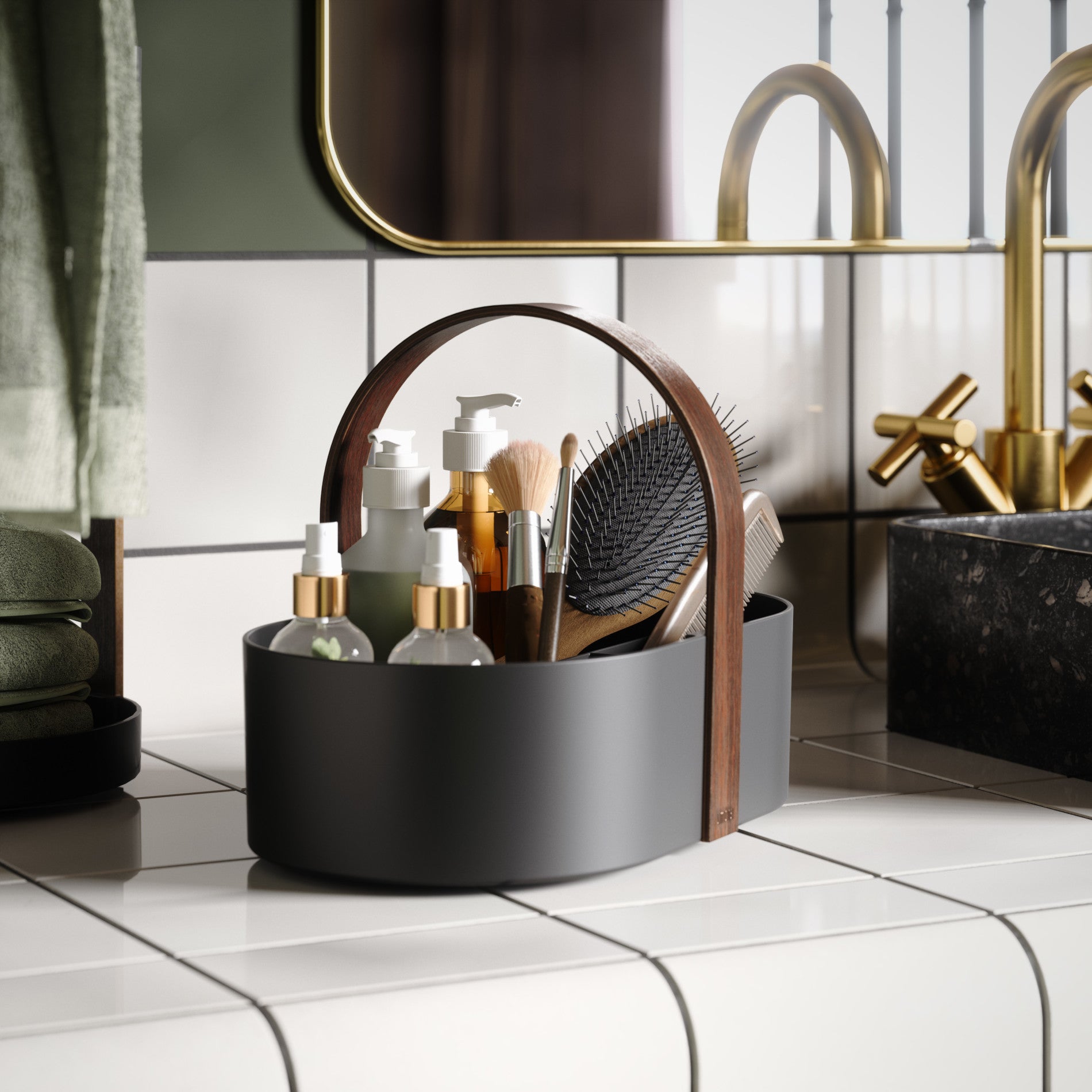 The Black-Walnut Bellwood caddy in a bathroom display
