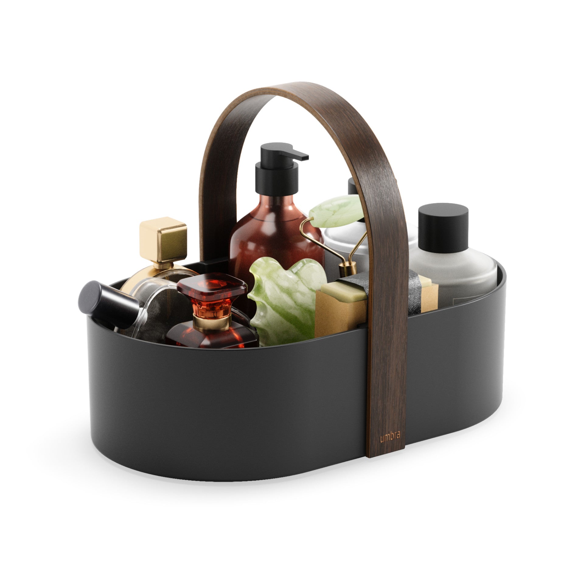 Umbra Bellwood Black-Walnut caddy shown with grouped everyday items