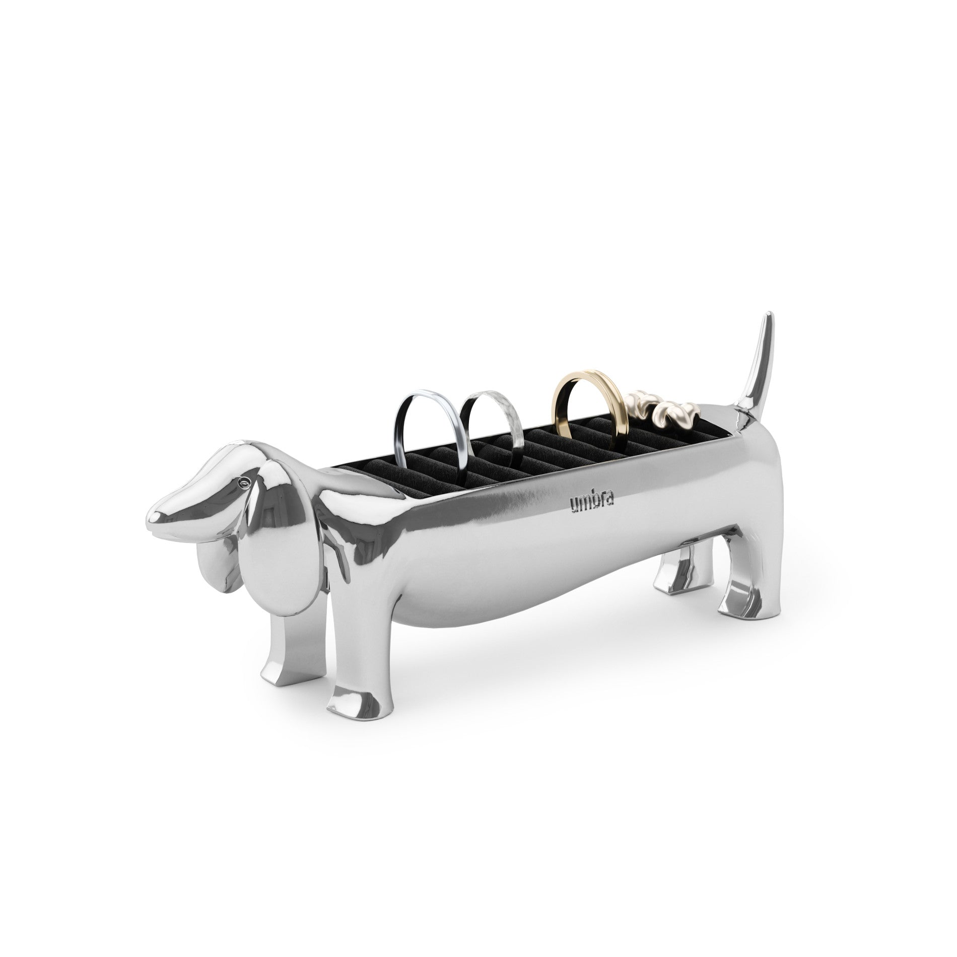 Chrome Umbra Dachsie ring holder with rings in its padded area